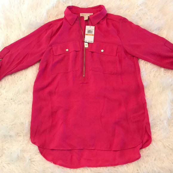 Michael Kors Tops - MICHAEL KORS ELECTRIC PINK 1/2 ZIP BLOUSE
